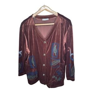 Zena Vintage Brown Velour Cardigan Jacket Painted Botanical Print Art To Wear